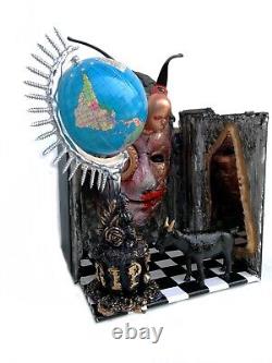 Assemblage art original sculpture mixed media collage animal black goat globe