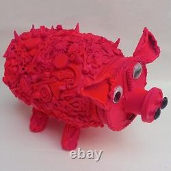 Assemblage art original sculpture mixed media collage animal pig pink ironic lid