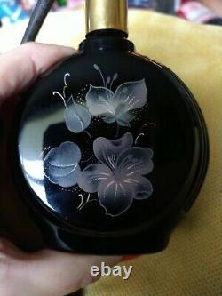 BEAUTIFUL VINTAGE BLACK GLASS and FLORAL PERFUME BOTTLE withATOMIZER