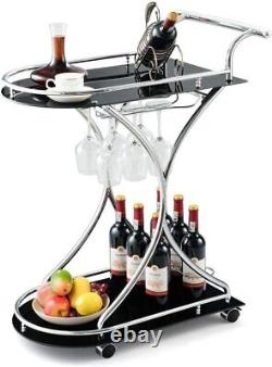 Bar Beverage Serving Cart Mobile Glass with Metal Frame Cabinet Bottle Storage
