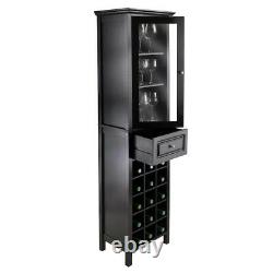Bar Cabinet Black Solid Wood Tower Wine 15 Bottle Holder Glass Door Modern Home