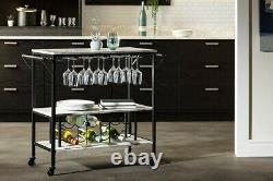 Bar Cart Bottle Storage and Wine Glass Rack-Faux Marble and Black