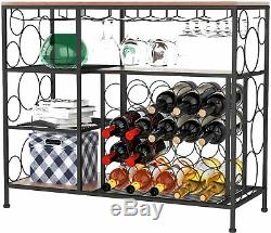 Black 20 Bottle Metal Wine Rack Wine Storage Console Wine Display withGlass Holder