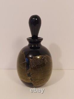 Black Art Glass Perfume Bottle With Stopper Gold Flecks