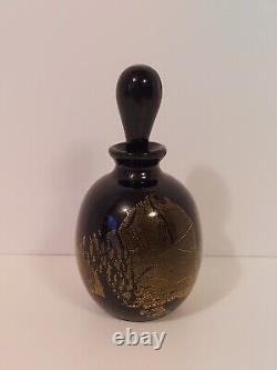 Black Art Glass Perfume Bottle With Stopper Gold Flecks