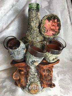 Black Forest CARVED Antique WOOD GLASS Character Decanter Bottle Glasses Austria