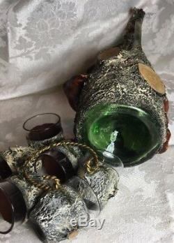 Black Forest CARVED Antique WOOD GLASS Character Decanter Bottle Glasses Austria