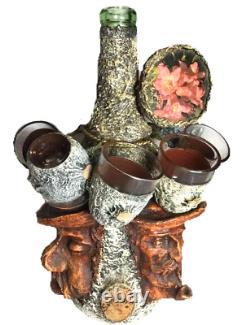 Black Forest Decanter Character Faces Carved On Bottle Glasses Antique Austria