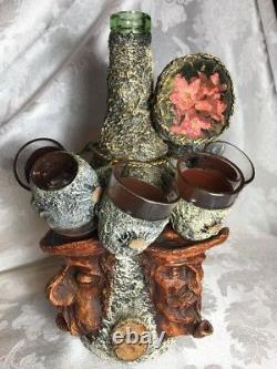 Black Forest Decanter Character Faces Carved On Bottle Glasses Antique Austria