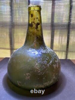 Black Glass Dutch Onion Bottle Cr 1700, Silver/ Golden Iridescents