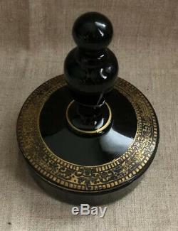 Black Glass Gold Pattern Powder Jar and Perfume Bottle in One Vintage Rare