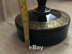 Black Glass Gold Pattern Powder Jar and Perfume Bottle in One Vintage Rare