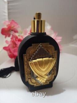 Black Glass Perfume Bottle With Atomizer, Gold Silver Tone Color 5in tall- NICE