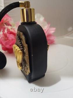Black Glass Perfume Bottle With Atomizer, Gold Silver Tone Color 5in tall- NICE