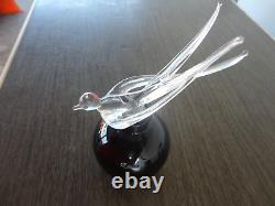Black Glass Perfume Bottle with Blown Clear Glass Bird Stopper 5 3/8 / Vintage