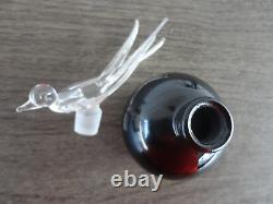 Black Glass Perfume Bottle with Blown Clear Glass Bird Stopper 5 3/8 / Vintage