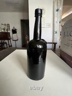 Black Glass Turn Mold, Applied Lip, Glass Sealed Bottle Circa 1875 With Labels