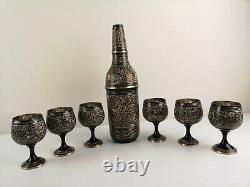 Black & Gold Etched Metal Wine Cocktail Goblet Glass Shaker Bottle Drink Set