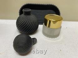 Black Textured Satin Glass Vanity Dresser Perfume Bottle Tray/Cream Lotion Jar