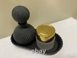 Black Textured Satin Glass Vanity Dresser Perfume Bottle Tray/Cream Lotion Jar