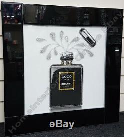 Black perfume bottles with liquid art, crystals, crushed glass & mirror frame