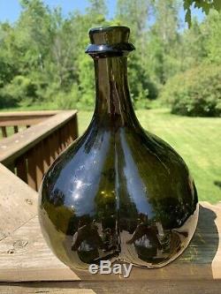 Blown Glass Onion Bottle WithHandle Antique Vintage Farm Style Black Green Glass