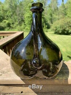 Blown Glass Onion Bottle WithHandle Antique Vintage Farm Style Black Green Glass