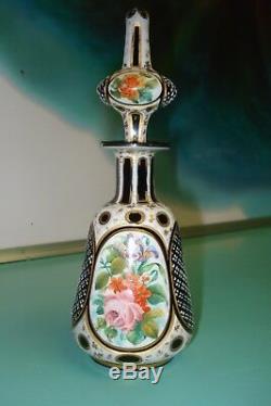 Bohemian Moser Black glass white overlay perfume bottle hand painted rose gold