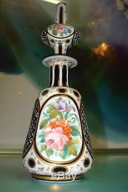 Bohemian Moser Black glass white overlay perfume bottle hand painted rose gold