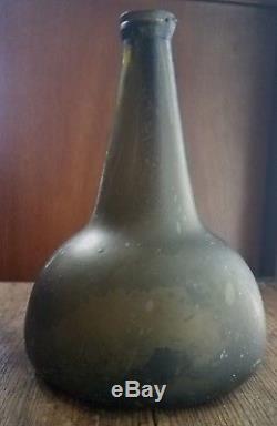 C1700s Early Colonial Era Black Glass Blown Horse Hoof Onion Bottle Crude Pontil