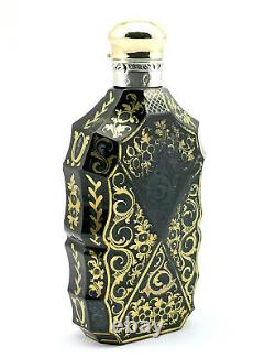 C1850 ANTIQUE 19thC FRENCH BLACK GILDED GLASS SILVER & GOLD PERFUME SCENT BOTTLE
