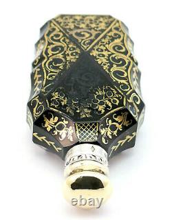 C1850 ANTIQUE 19thC FRENCH BLACK GILDED GLASS SILVER & GOLD PERFUME SCENT BOTTLE