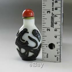 C1920 Peking Glass Black Cat Overlaid on White Snuff Bottle with Cap and Spoon