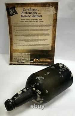 C. 1800s BLACK GLASS MALLET STYLE RUM PATENT BOTTLE SEA SALVAGED PIRATE ARTIFACT