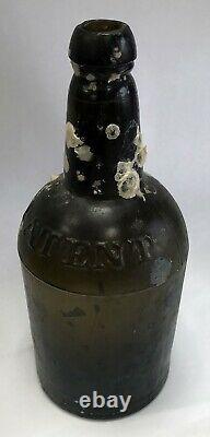 C. 1800s BLACK GLASS MALLET STYLE RUM PATENT BOTTLE SEA SALVAGED PIRATE ARTIFACT