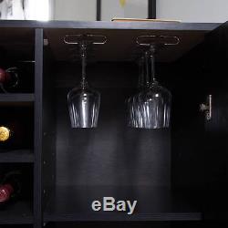 Cabinet Server Wine Bar Dining Buffet Bottle Rack Glass Shelves Wood Black Oak