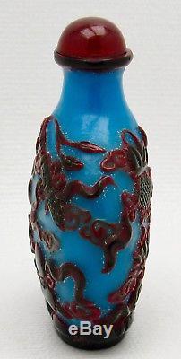 Chinese 20th Century 3 Color Red Blue Black Peking Cameo Glass Snuff Bottle