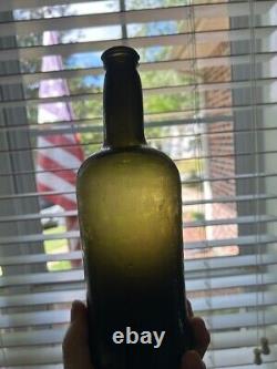 Circa 1800's Black Glass Rum Bottle, Pontil, Bell Shape Bottom