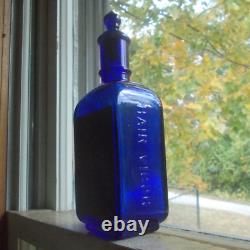 Cobalt Ayer's Hair Vigor Emb With Label & Glass Crown Stopper Lowell Mass Bottle