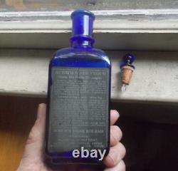 Cobalt Ayer's Hair Vigor Emb With Label & Glass Crown Stopper Lowell Mass Bottle
