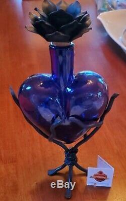 Cobalt Blue Glass Heart Decanter with Blk Rose Stopper, San Miguel Collection