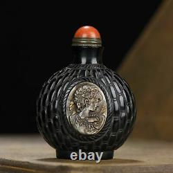 Collection Chinese Black Glaze Snuff Bottle Carved Beautiful Woman Statue Art