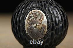 Collection Chinese Black Glaze Snuff Bottle Carved Beautiful Woman Statue Art