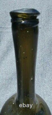 Colonial Era Dutch Long Neck Wine Bottle 1750-1780 Olive Green Black Glass