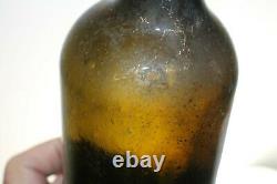 Crude Open Pontil Blown Black Glass Cylinder Whiskey Bottle 11'