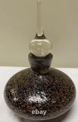 Crystal Hand Blown Art Glass Perfume Decanter w Dauber Black & Gold Drip Glaze