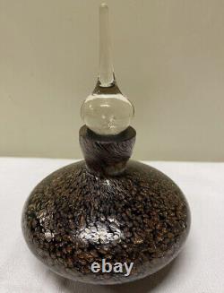Crystal Hand Blown Art Glass Perfume Decanter w Dauber Black & Gold Drip Glaze