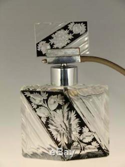 Crystal clear glass Perfume Bottle black enamel cut to clear Floral motif Palda