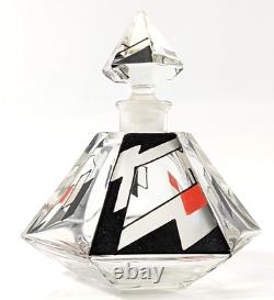 Czech Art Deco Perfume Bottle Clear Black Red Glass with Geometric Designs 4.25