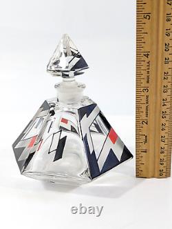 Czech Art Deco Perfume Bottle Clear Black Red Glass with Geometric Designs 4.25